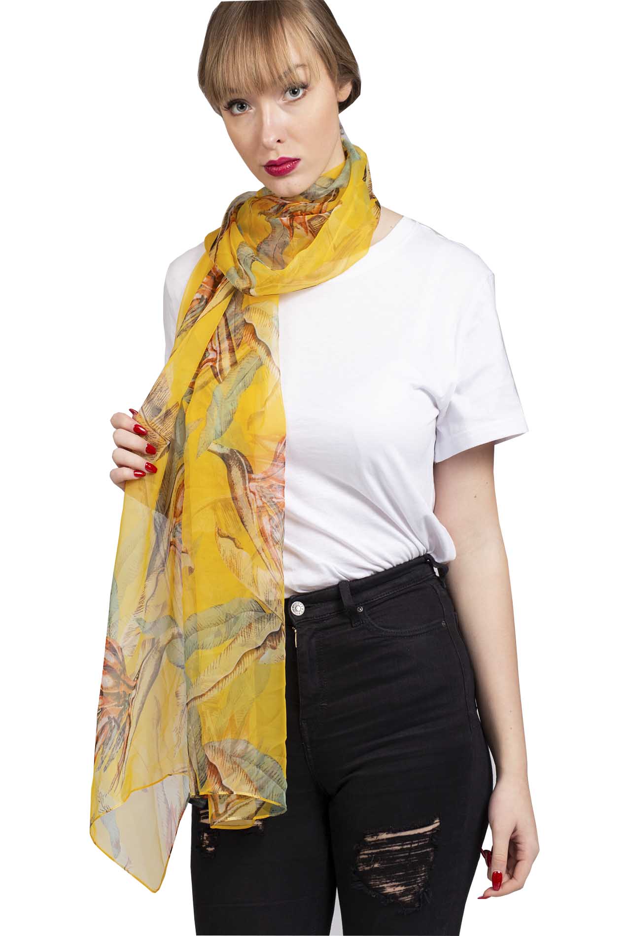 SF1912-035 Silk Blend Chiffon Scarf with Leaf Pattern