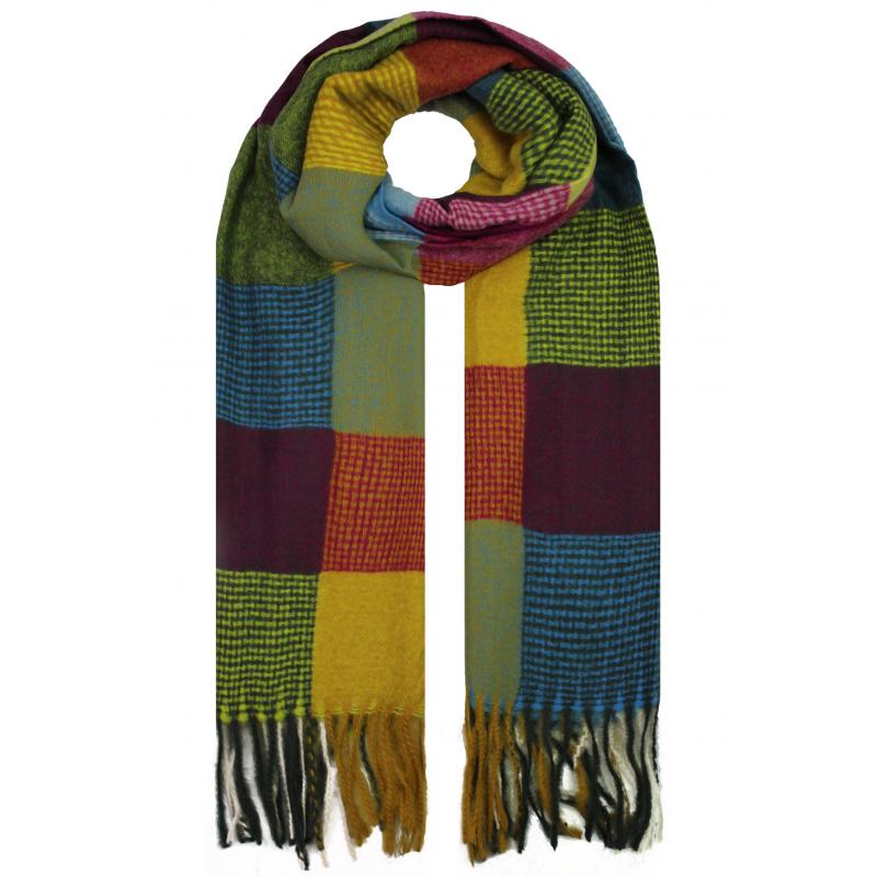 SF19122-084 Vibrant Scarf with Colourful Square Print and Tassels