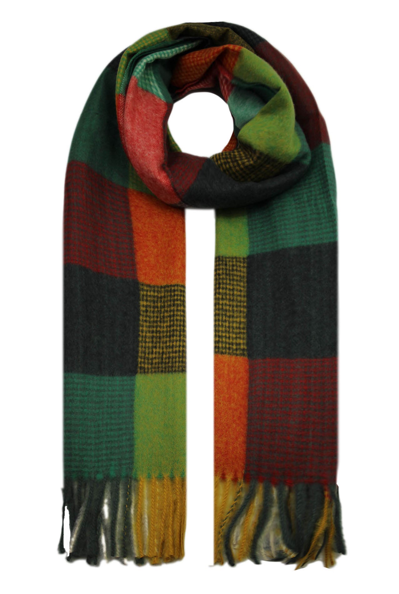 SF19122-084 Vibrant Scarf with Colourful Square Print and Tassels