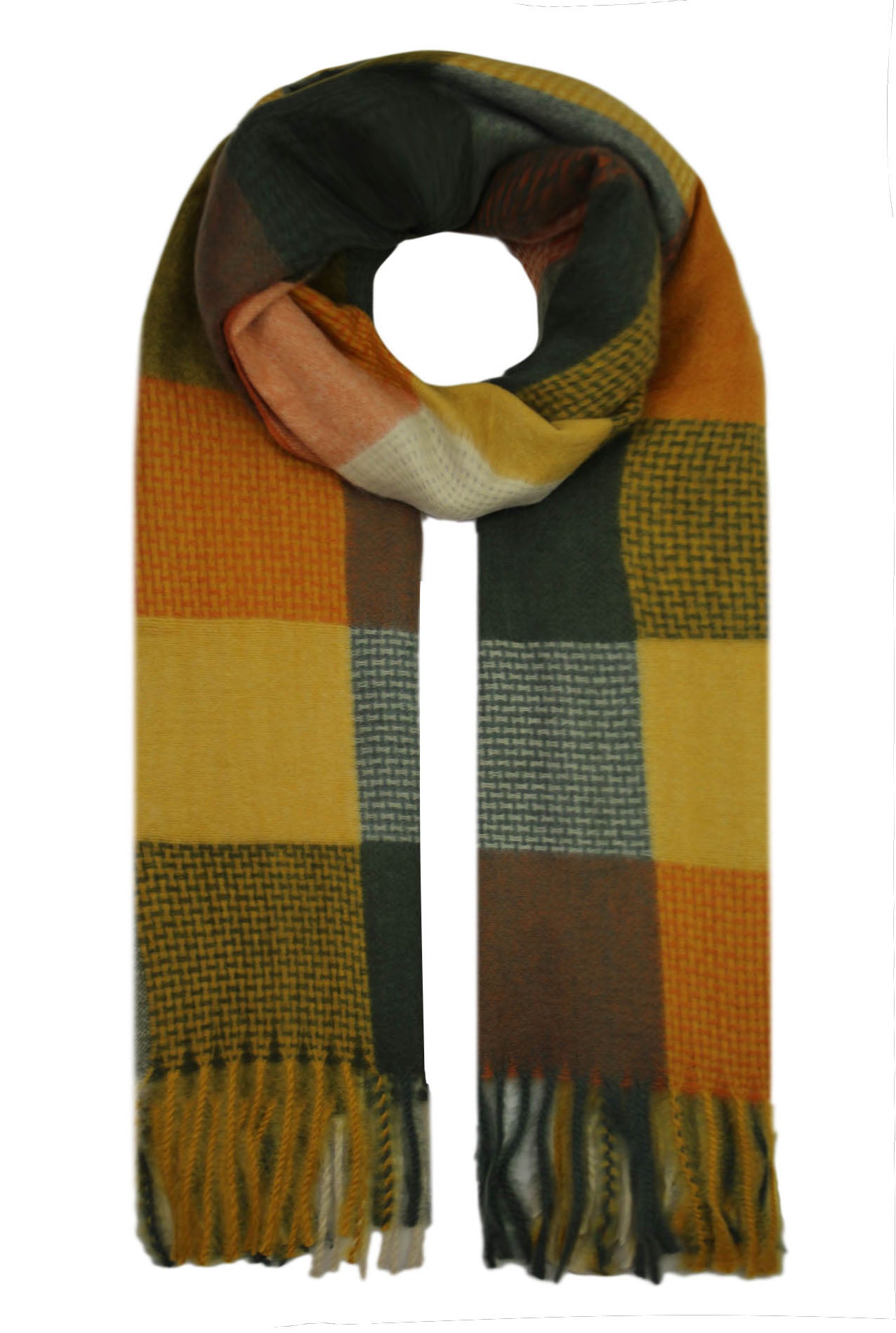 SF19122-084 Vibrant Scarf with Colourful Square Print and Tassels