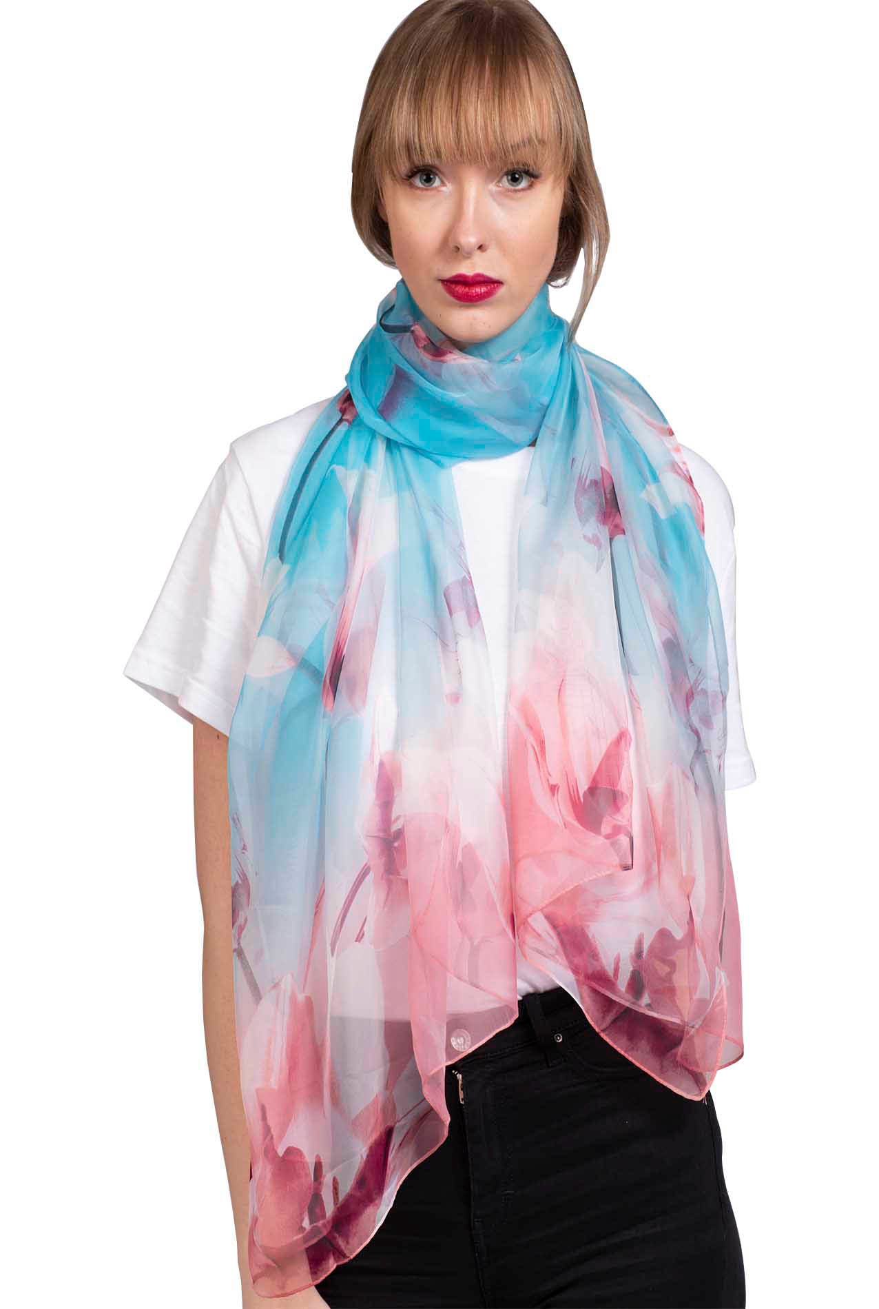 SF1912-037 Silk Blend Chiffon Scarf with Tulip Flowers