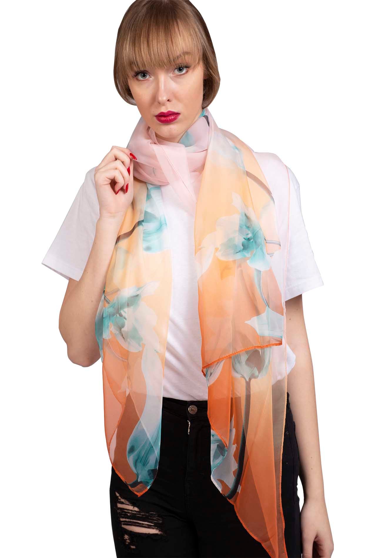 SF1912-037 Silk Blend Chiffon Scarf with Tulip Flowers