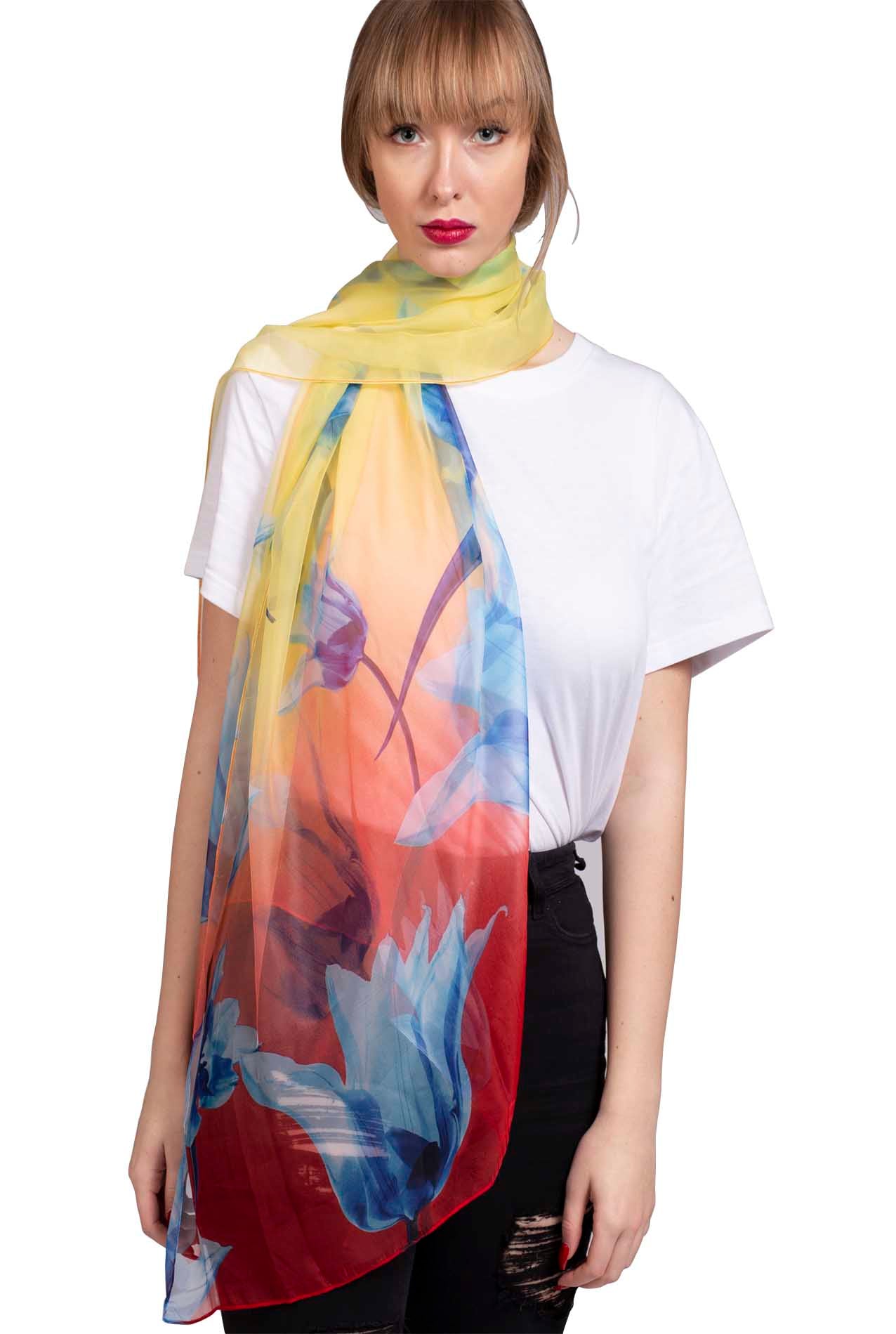 SF1912-037 Silk Blend Chiffon Scarf with Tulip Flowers