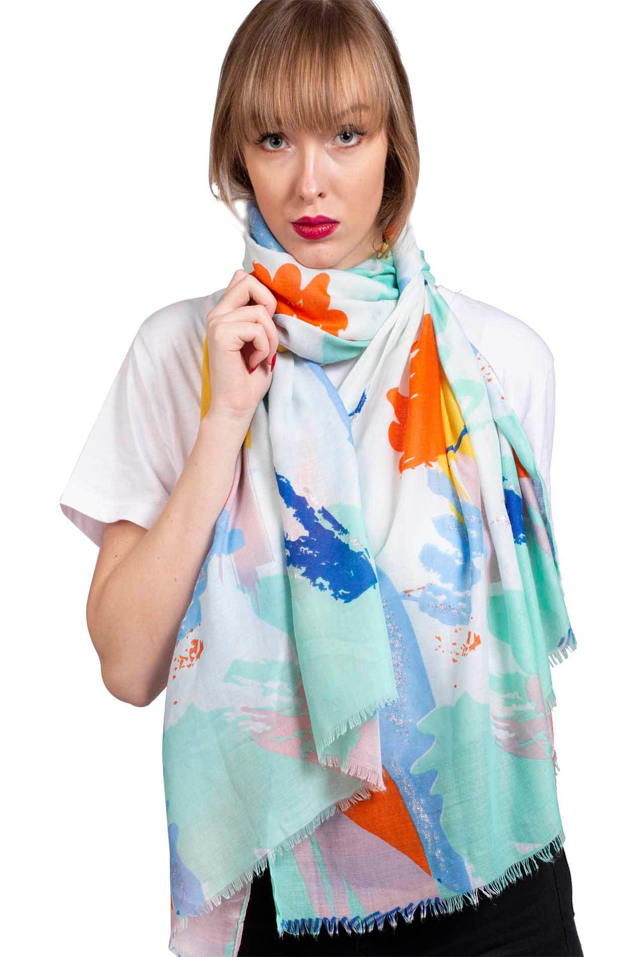 SF1995-020 Soft Printed Scarf with Abstract Pattern and Shiny Glitters