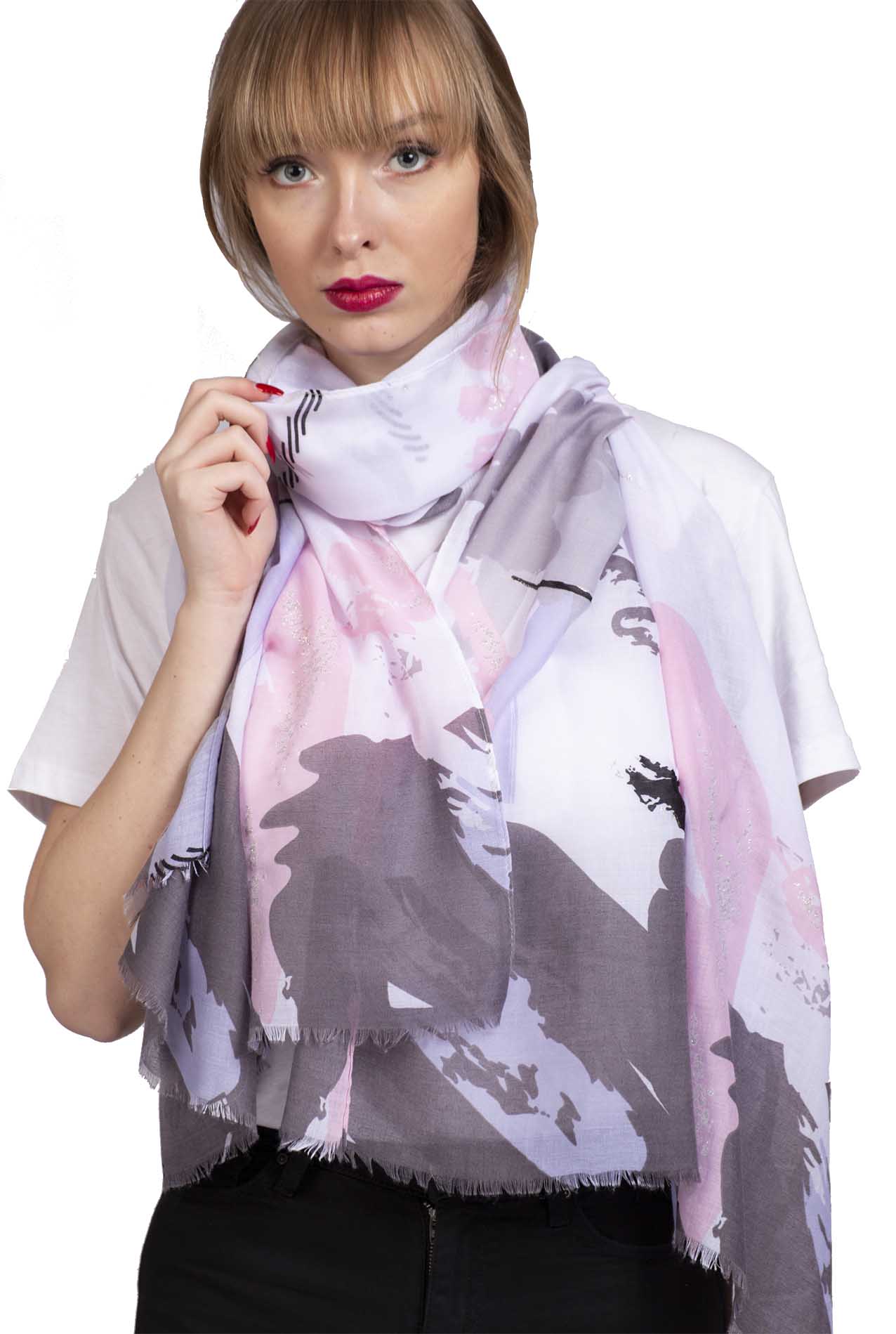 SF1995-020 Soft Printed Scarf with Abstract Pattern and Shiny Glitters