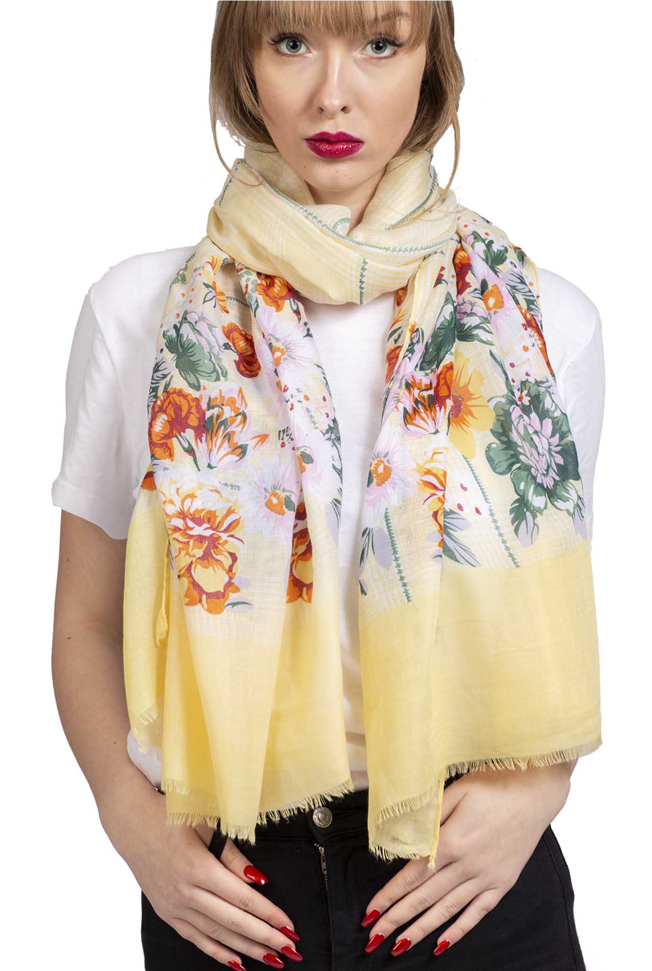 SF1995-022 Printed Scarf with Flower Pattern and Shiny Glitters