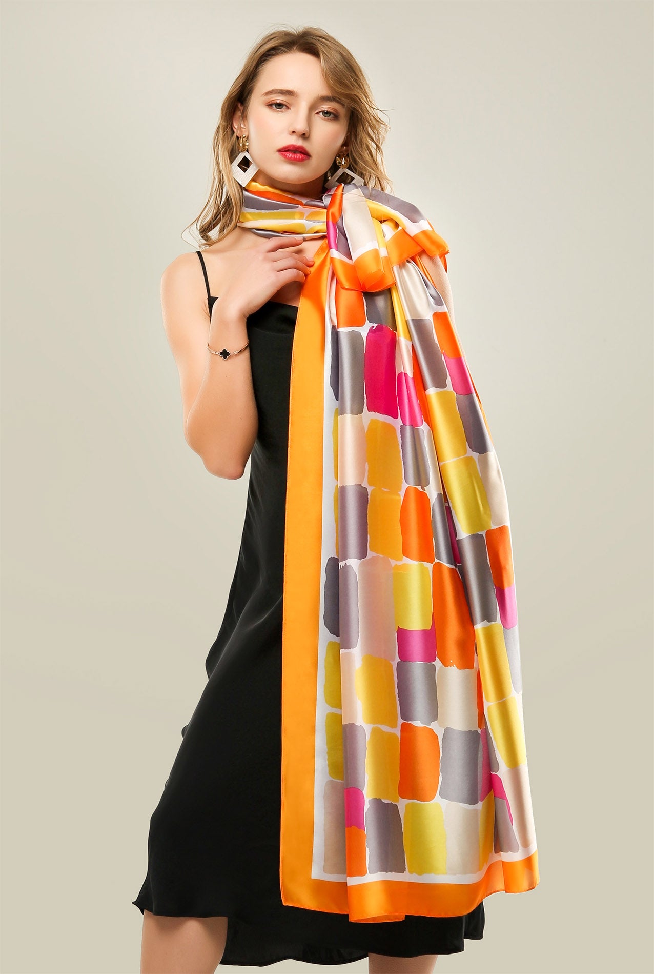 SF20110-178 Colourful Blocks Pattern Silky Scarf