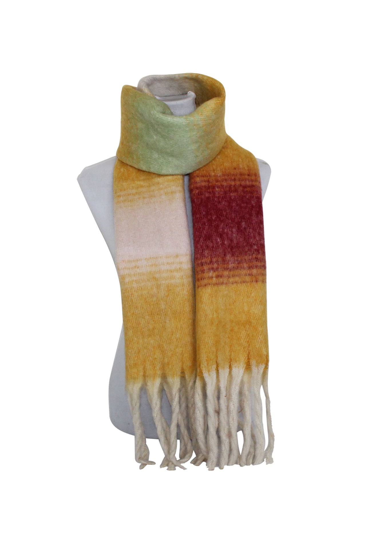 SF20125-264 Colour Block Pattern Cotton Mix Scarf with Tassels