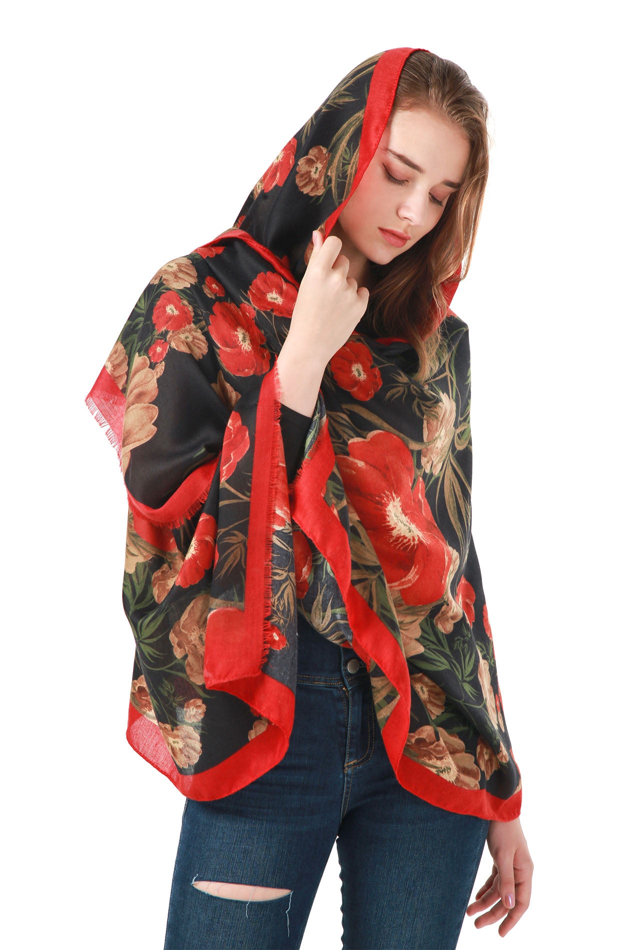 SF21095-634 Poppy Print Shawl Neck Scarf