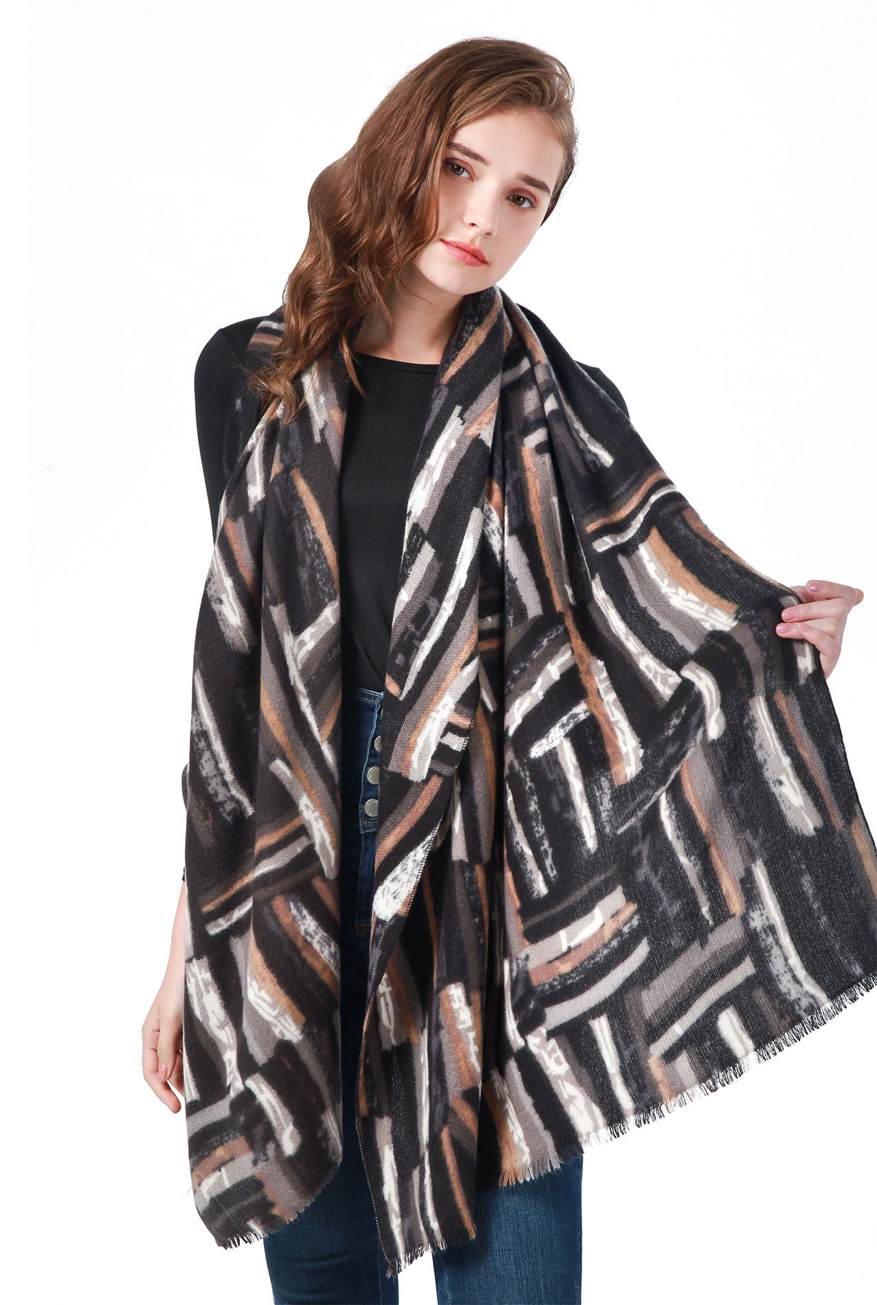 SF21135-636 Abstract Print Wool Mix Scarf