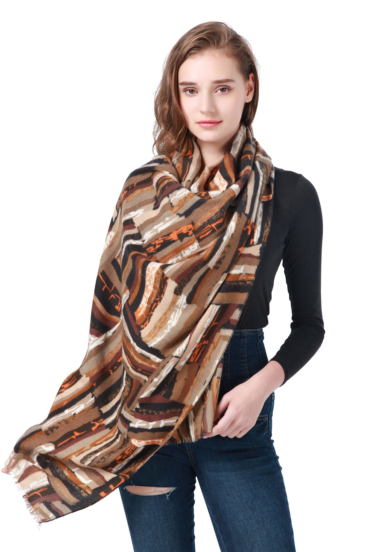 SF21135-636 Abstract Print Wool Mix Scarf