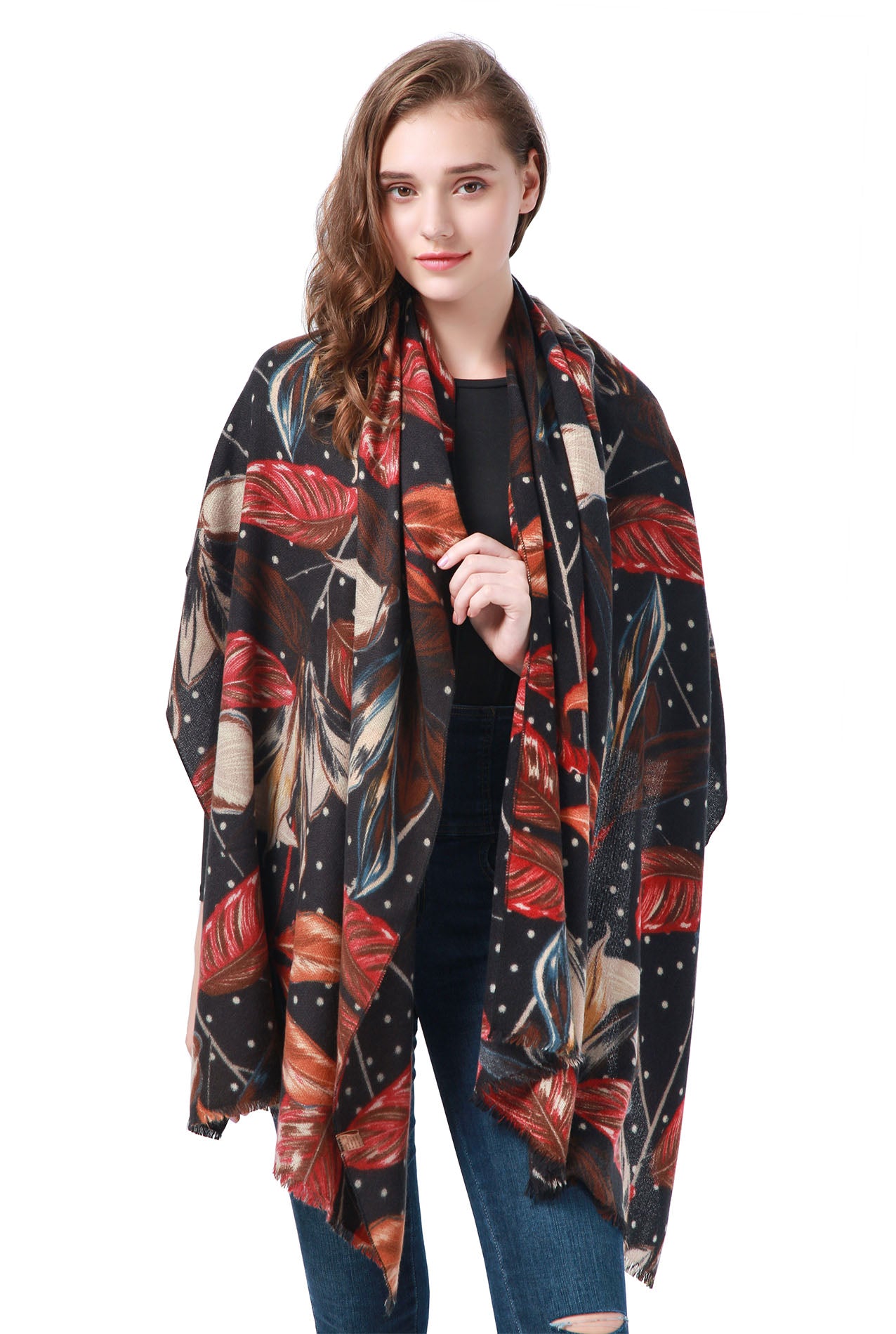 SF21135-637 Large Leaf Pattern Mix Wool Scarf