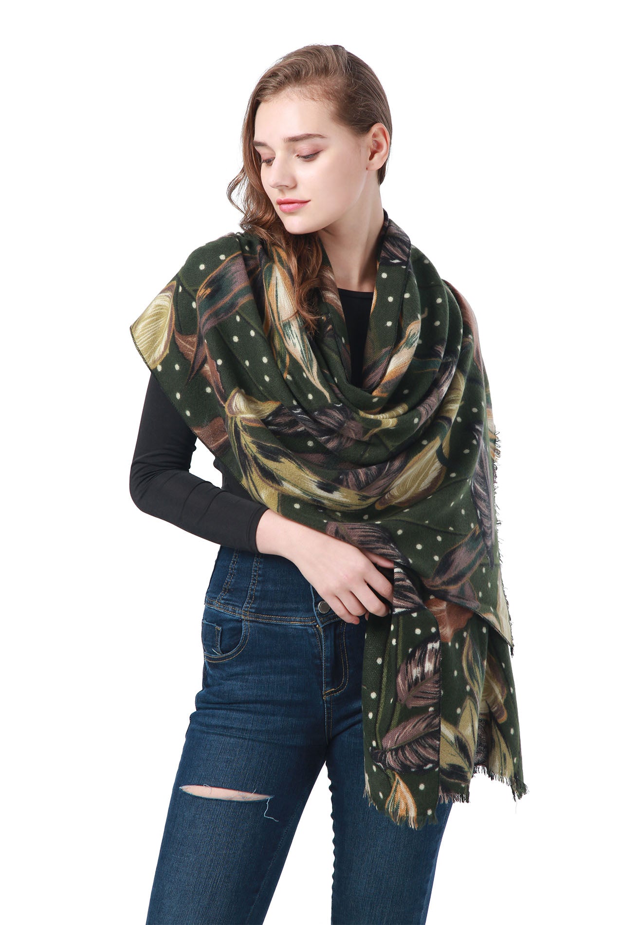 SF21135-637 Large Leaf Pattern Mix Wool Scarf