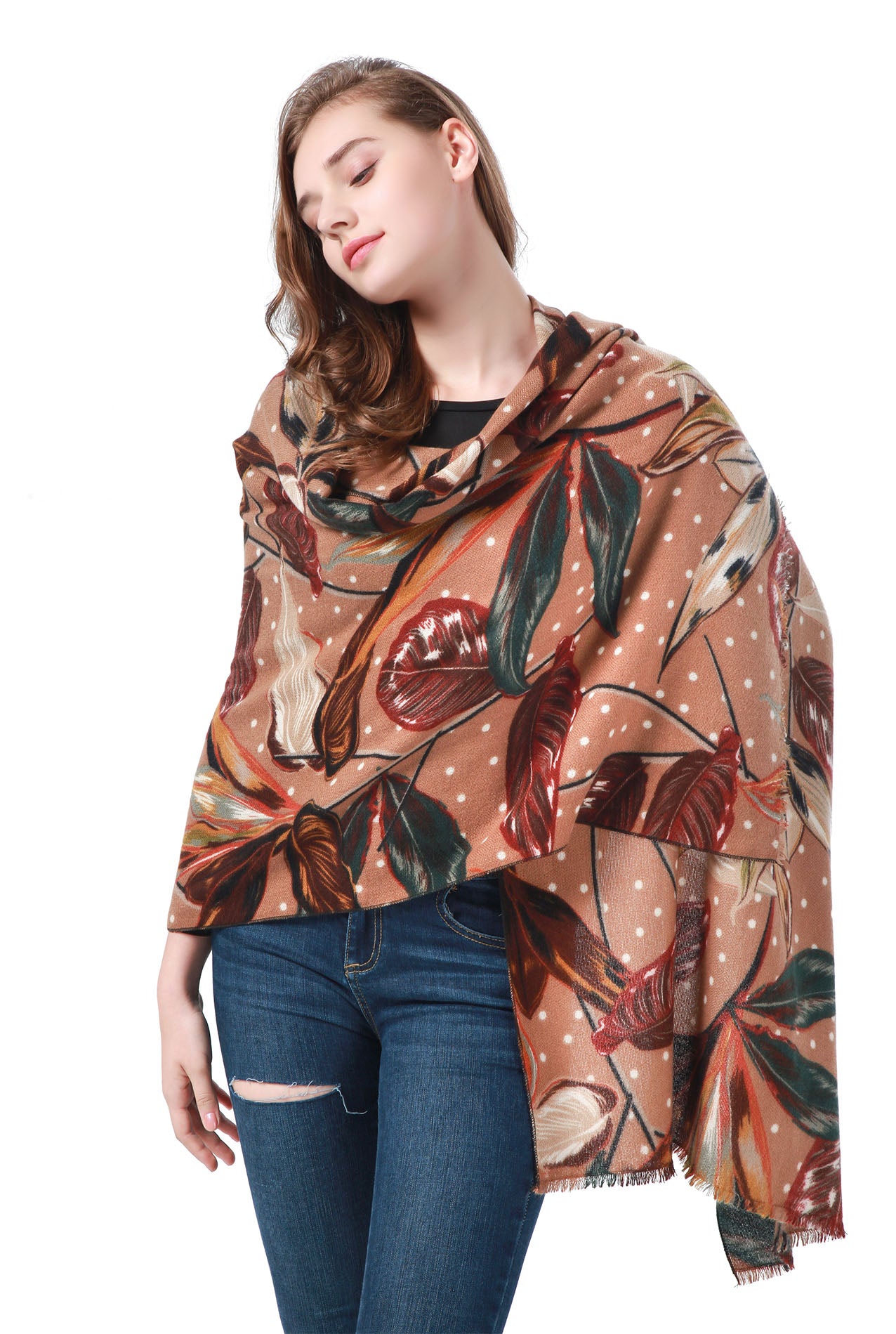 SF21135-637 Large Leaf Pattern Mix Wool Scarf