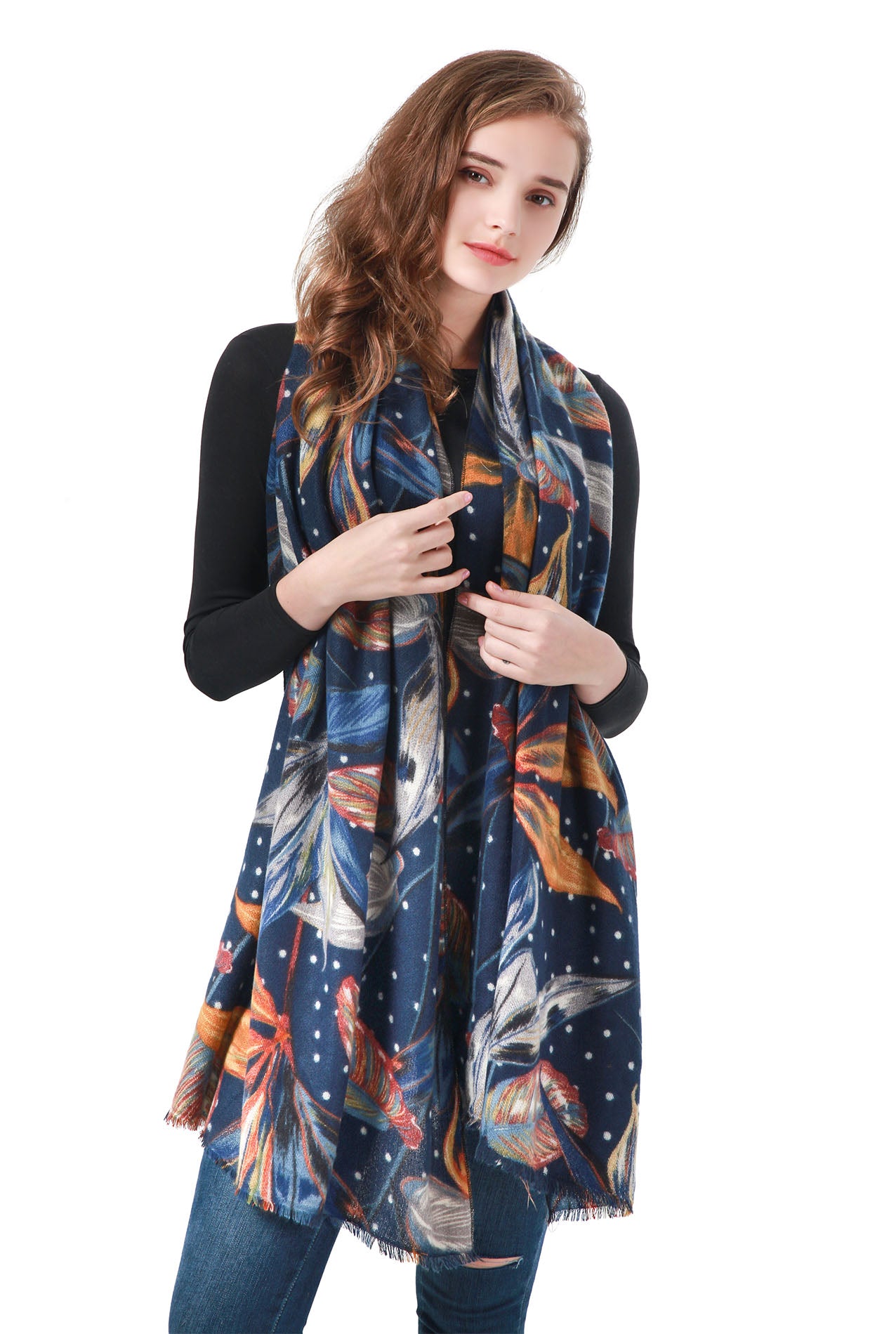 SF21135-637 Large Leaf Pattern Mix Wool Scarf