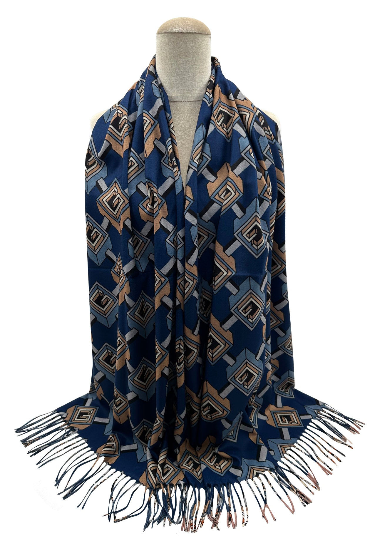 SF23105-912 3D Geometric Pattern Print Tassel Scarves