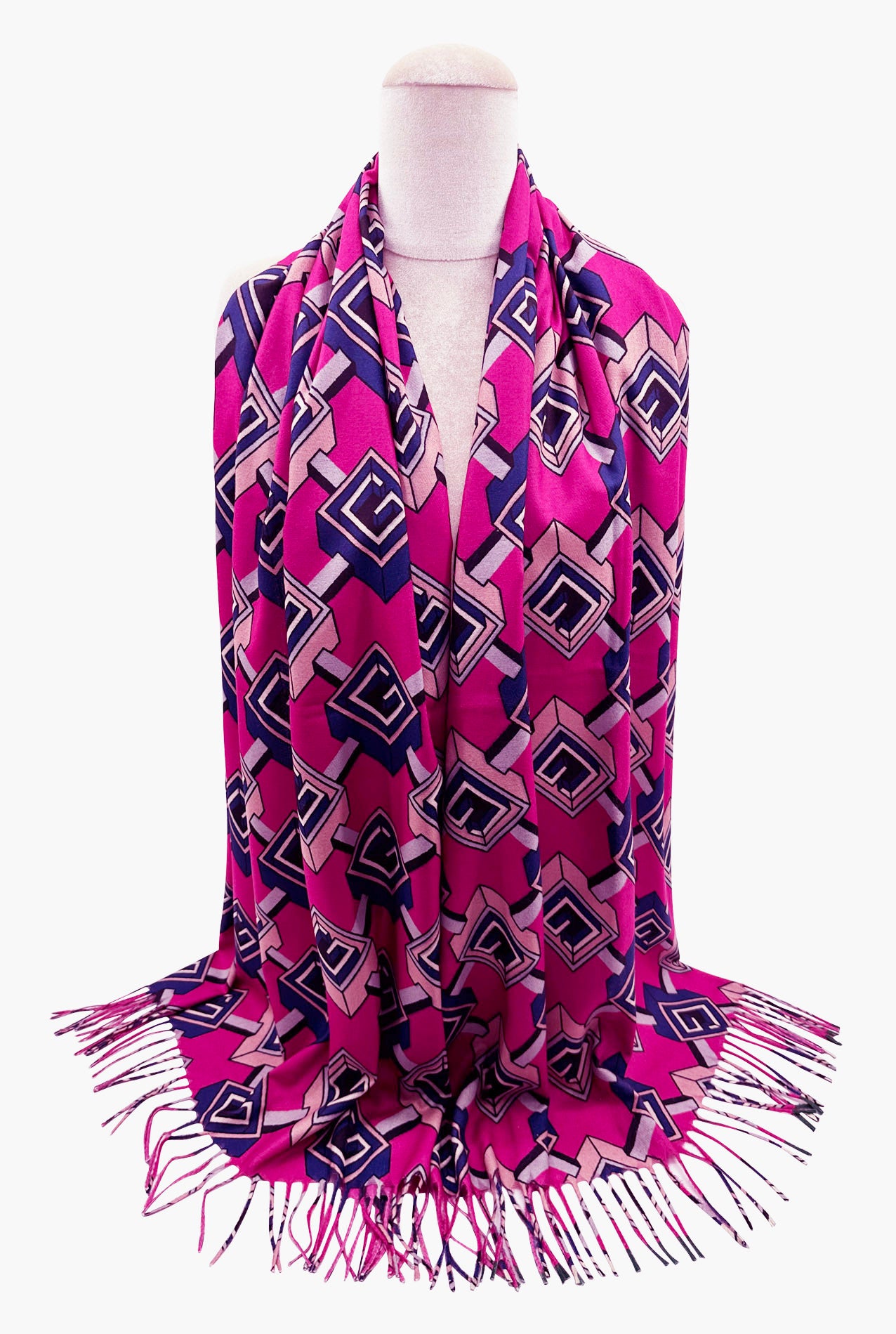 SF23105-912 3D Geometric Pattern Print Tassel Scarves