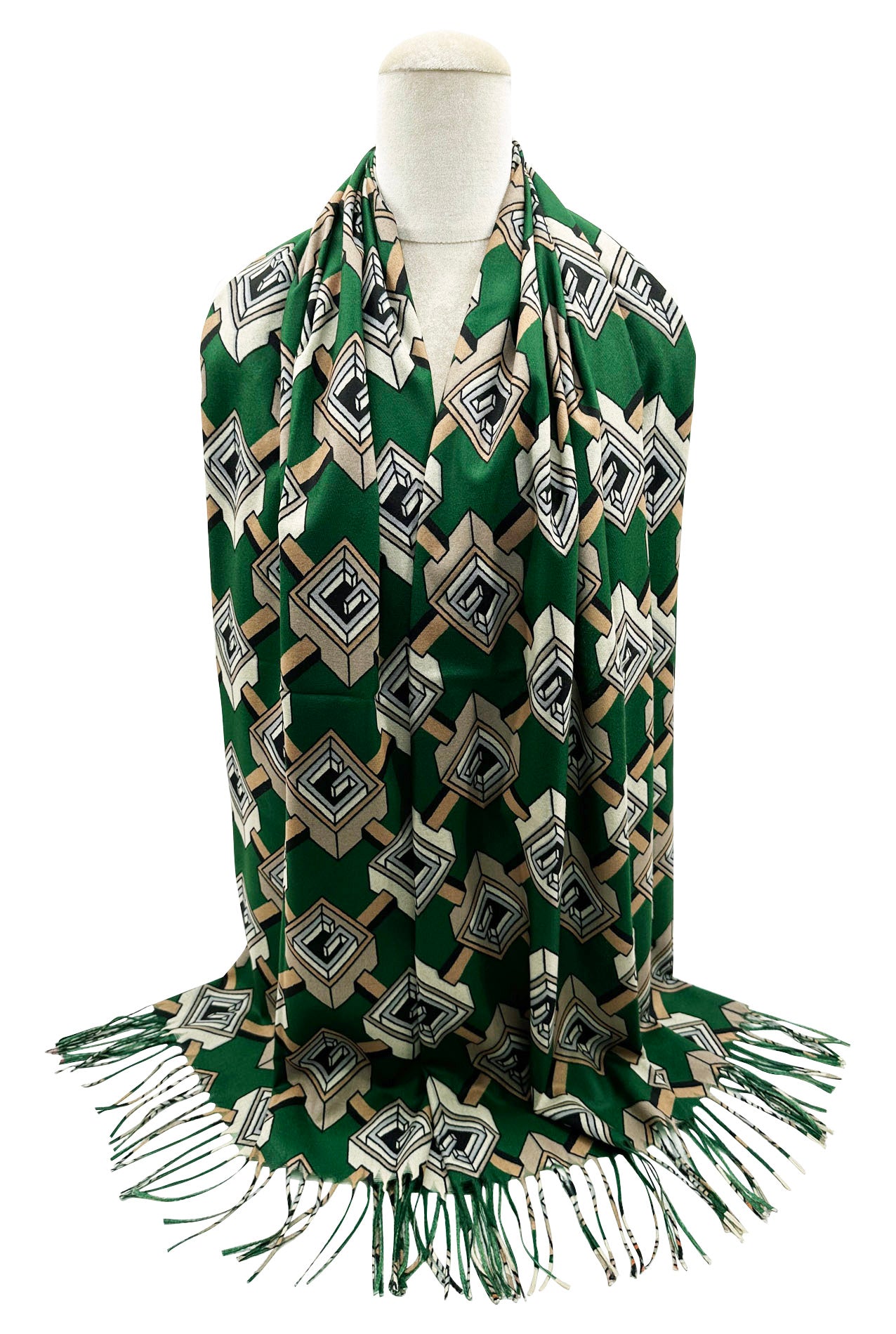 SF23105-912 3D Geometric Pattern Print Tassel Scarves