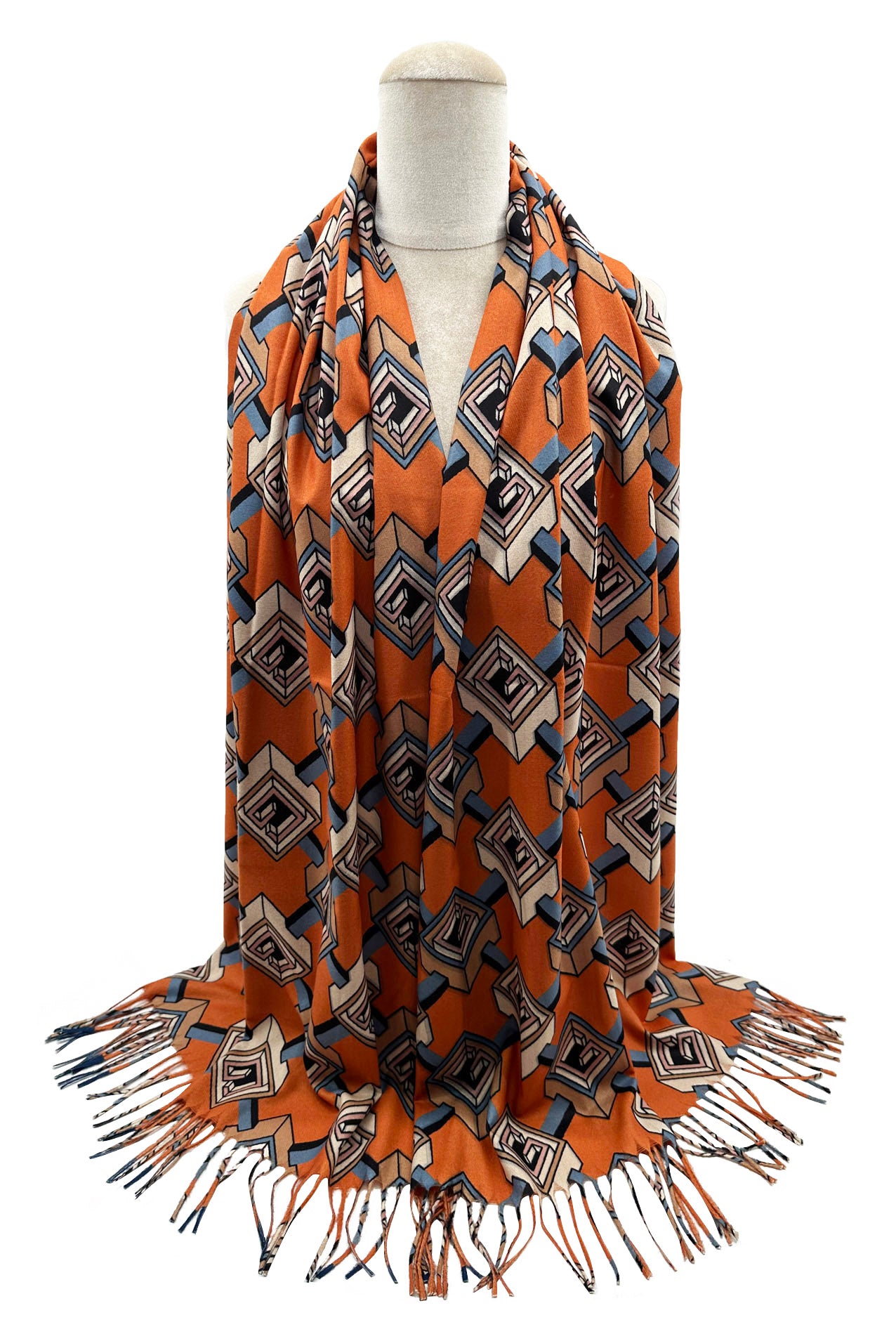 SF23105-912 3D Geometric Pattern Print Tassel Scarves