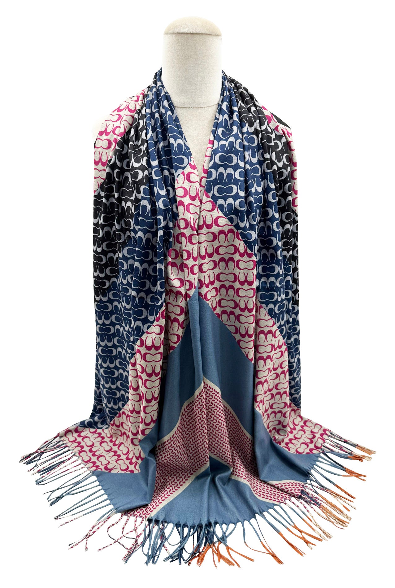 SF23105-913 Colourful Stripes & Symbolic Pattern Scarf with Cotton Mix and Tassels