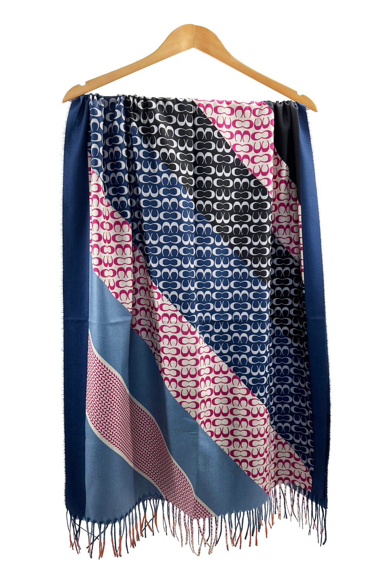 SF23105-913 Colourful Stripes & Symbolic Pattern Scarf with Cotton Mix and Tassels