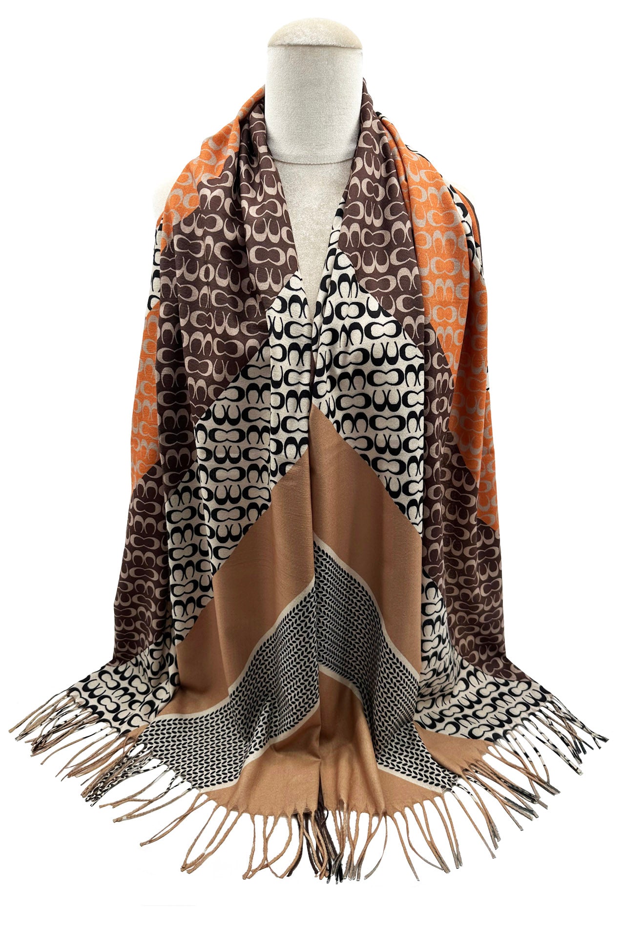 SF23105-913 Colourful Stripes & Symbolic Pattern Scarf with Cotton Mix and Tassels