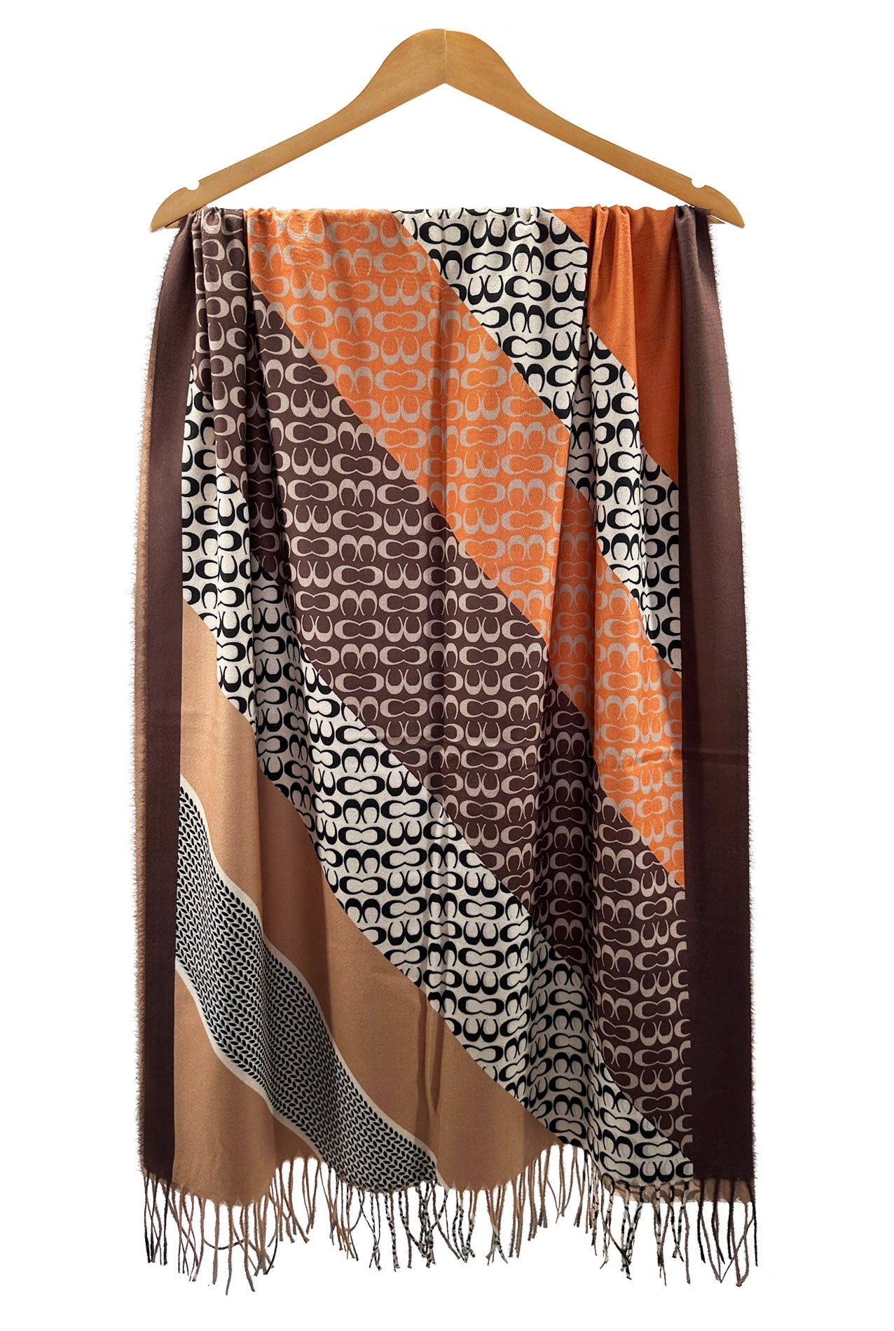 SF23105-913 Colourful Stripes & Symbolic Pattern Scarf with Cotton Mix and Tassels