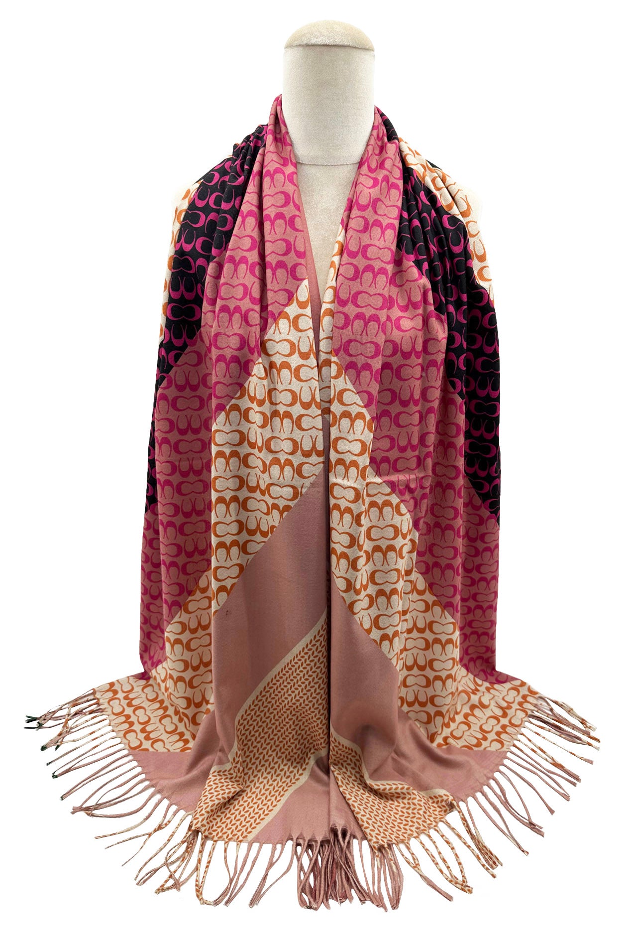 SF23105-913 Colourful Stripes & Symbolic Pattern Scarf with Cotton Mix and Tassels