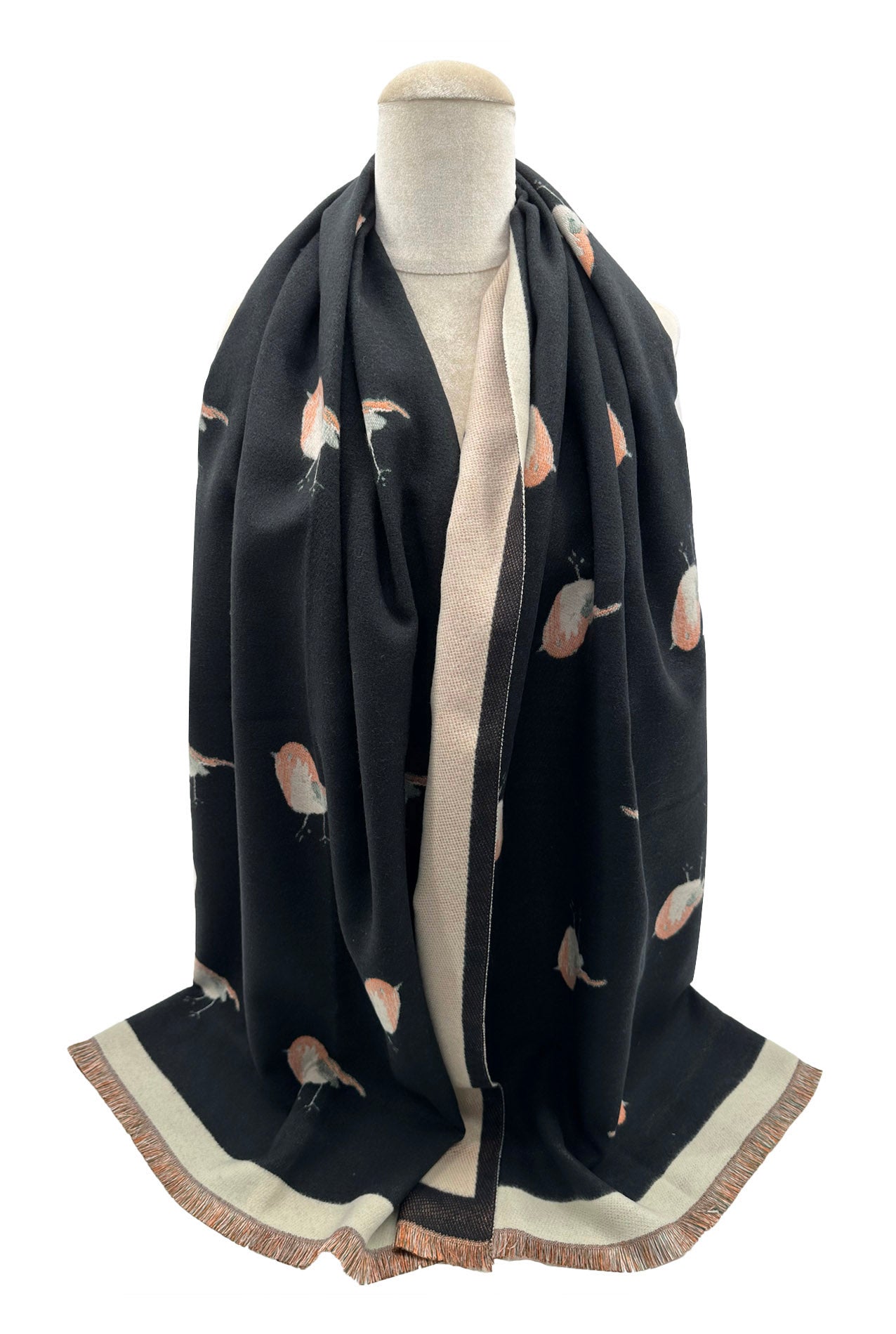 SF23125-902 Contrast Colour Robin Bird Print Reversible Scarf with Cotton Blend