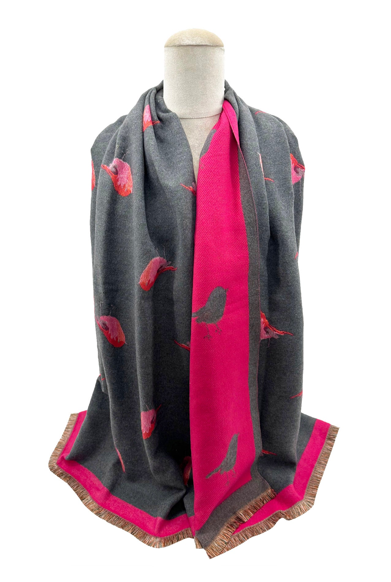 SF23125-902 Contrast Colour Robin Bird Print Reversible Scarf with Cotton Blend