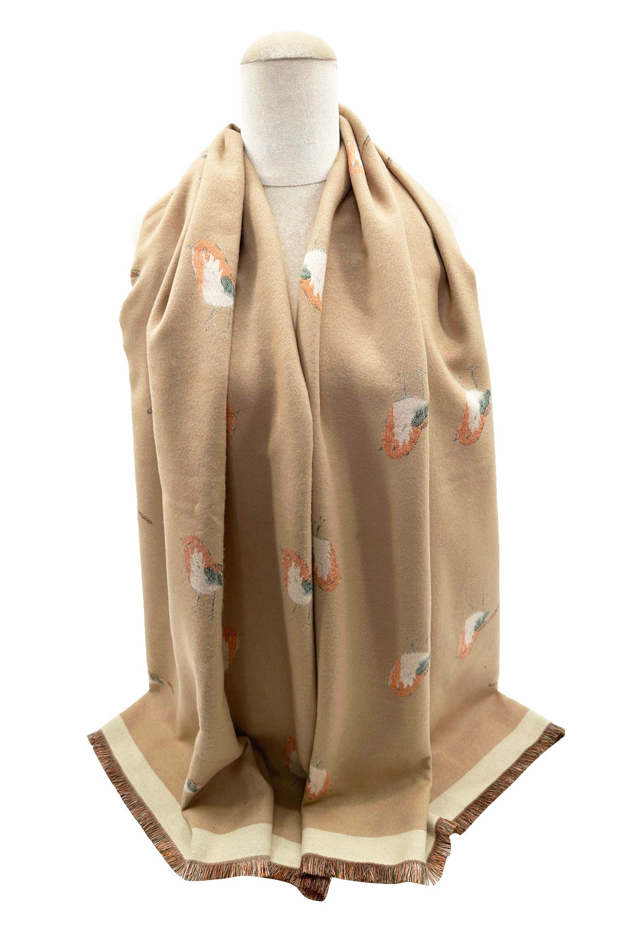 SF23125-902 Contrast Colour Robin Bird Print Reversible Scarf with Cotton Blend