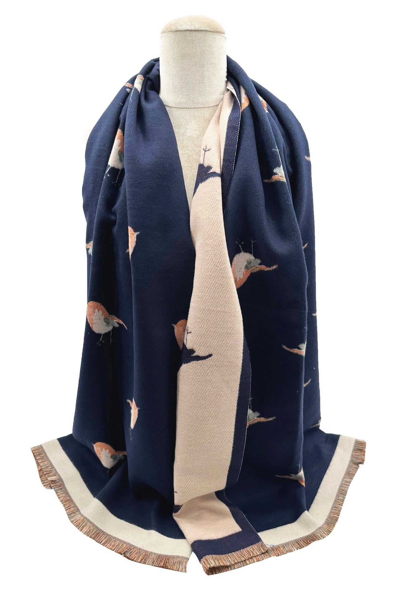 SF23125-902 Contrast Colour Robin Bird Print Reversible Scarf with Cotton Blend