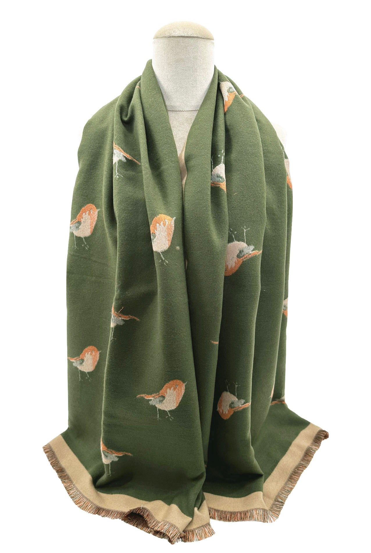 SF23125-902 Contrast Colour Robin Bird Print Reversible Scarf with Cotton Blend