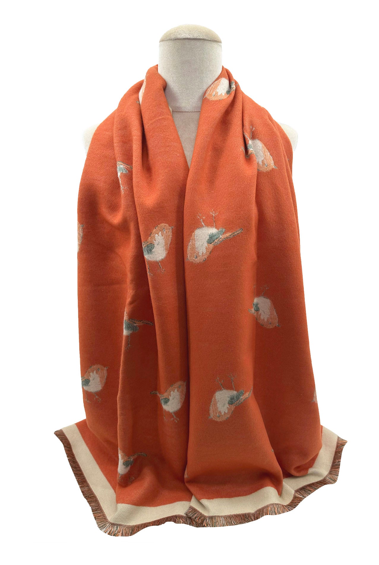 SF23125-902 Contrast Colour Robin Bird Print Reversible Scarf with Cotton Blend