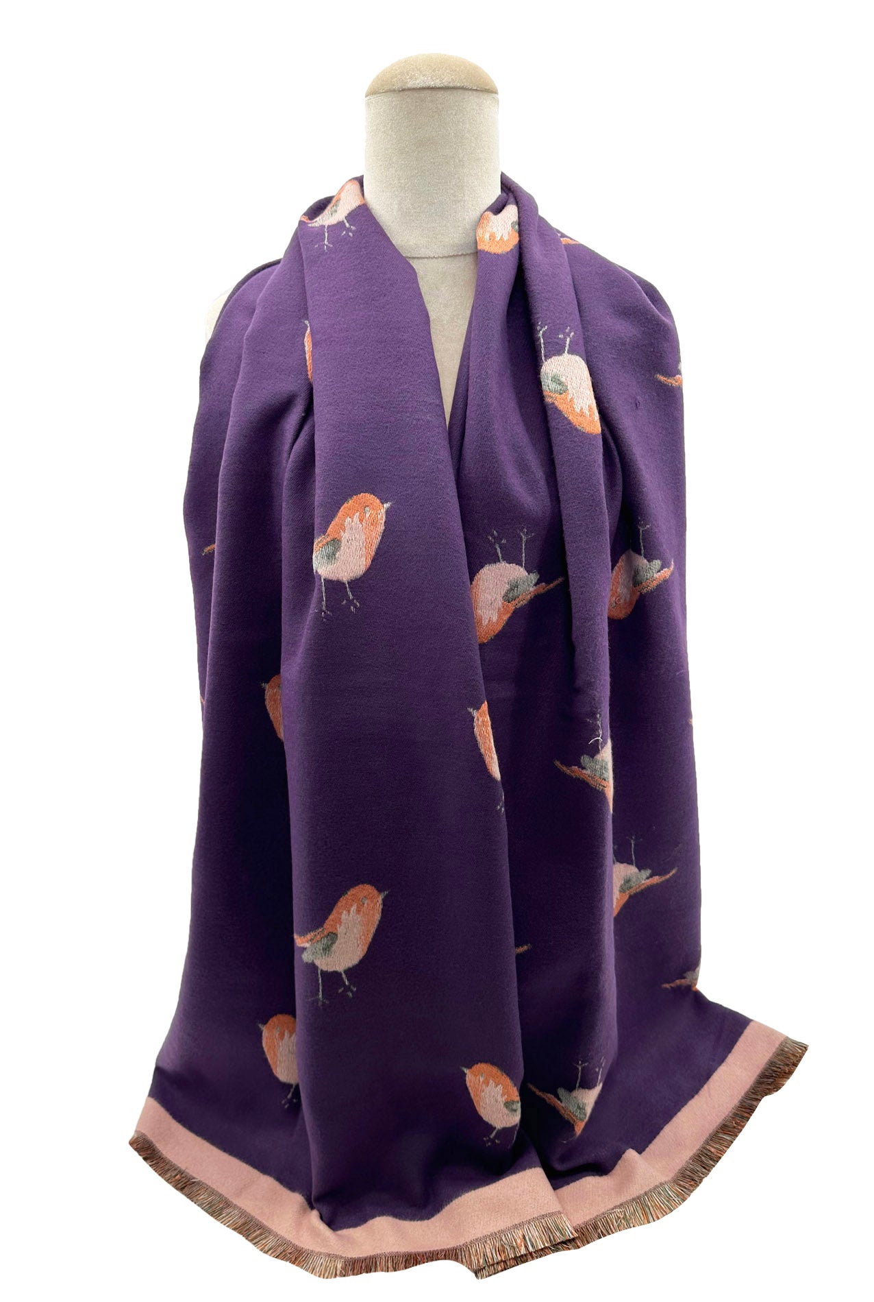 SF23125-902 Contrast Colour Robin Bird Print Reversible Scarf with Cotton Blend