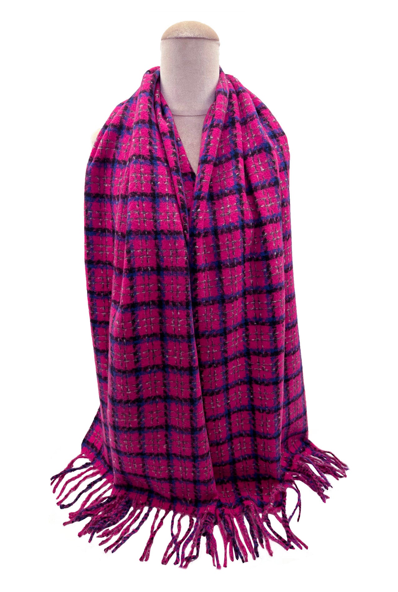 SF23138-938 Squares Grid Pattern Wool Mix Scarf with Tassels