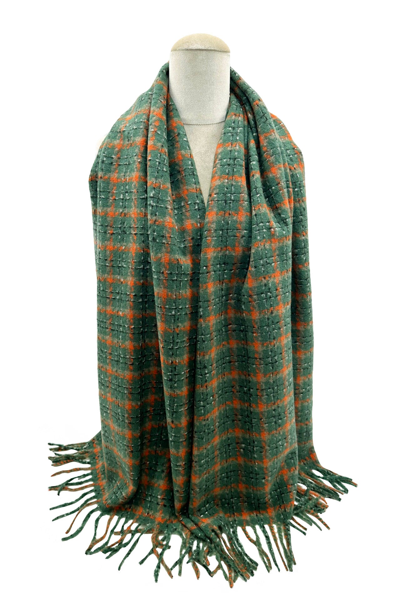 SF23138-938 Squares Grid Pattern Wool Mix Scarf with Tassels