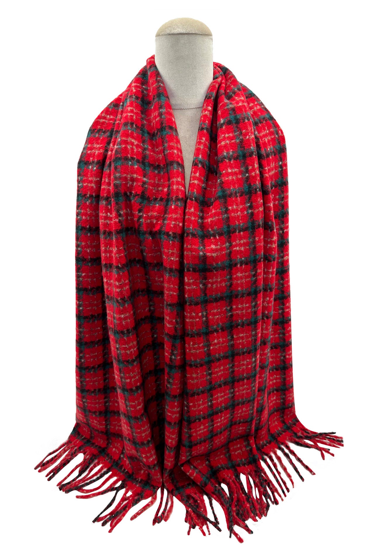 SF23138-938 Squares Grid Pattern Wool Mix Scarf with Tassels