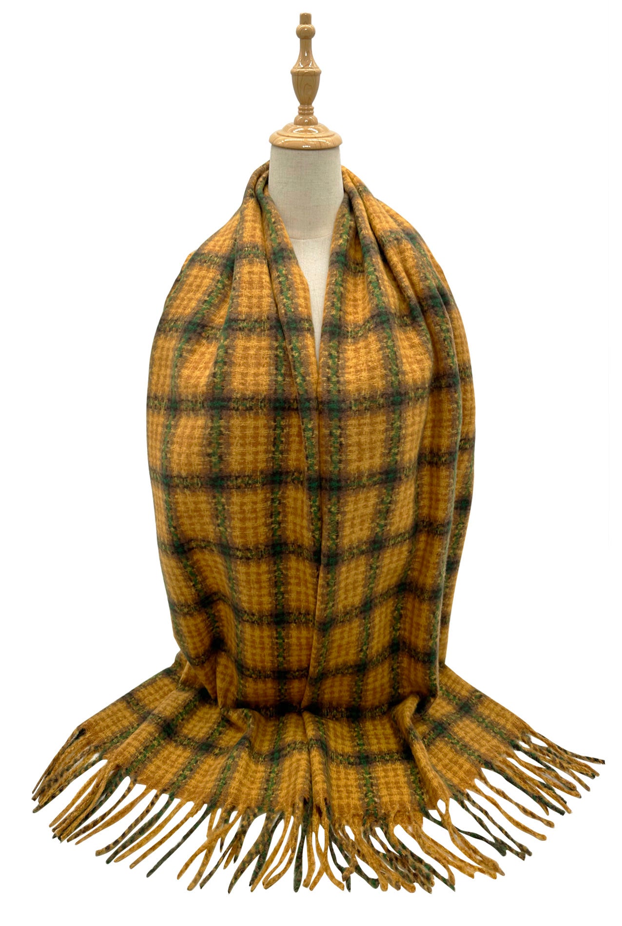 SF23138-939 Squares Check Pattern Wool Blend Scarf with Tassels