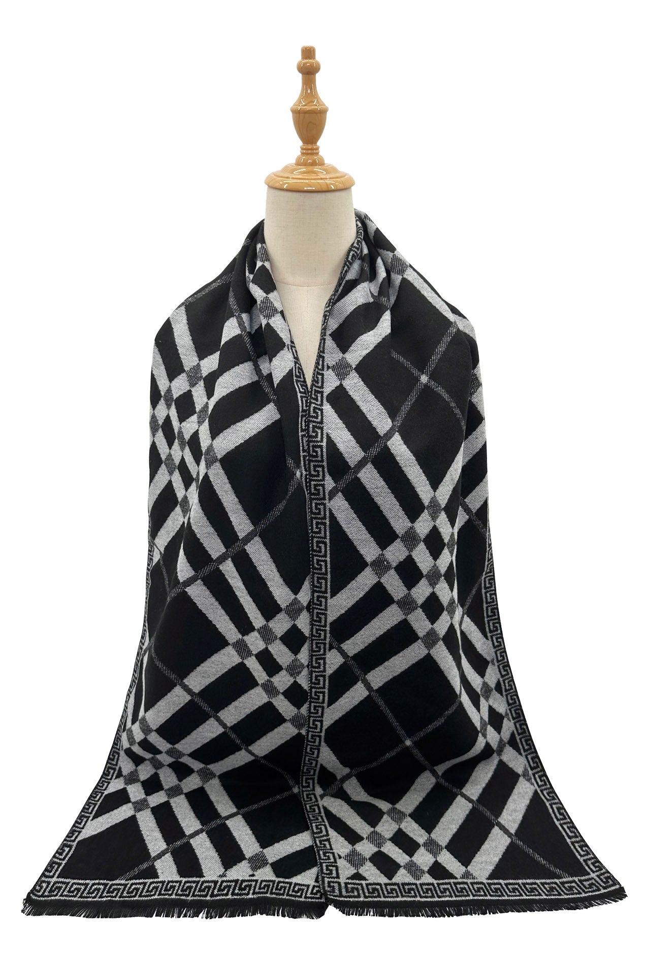 SF2390-872 Lines Check Pattern Narrow Long Scarf with Cotton & Wool Mix