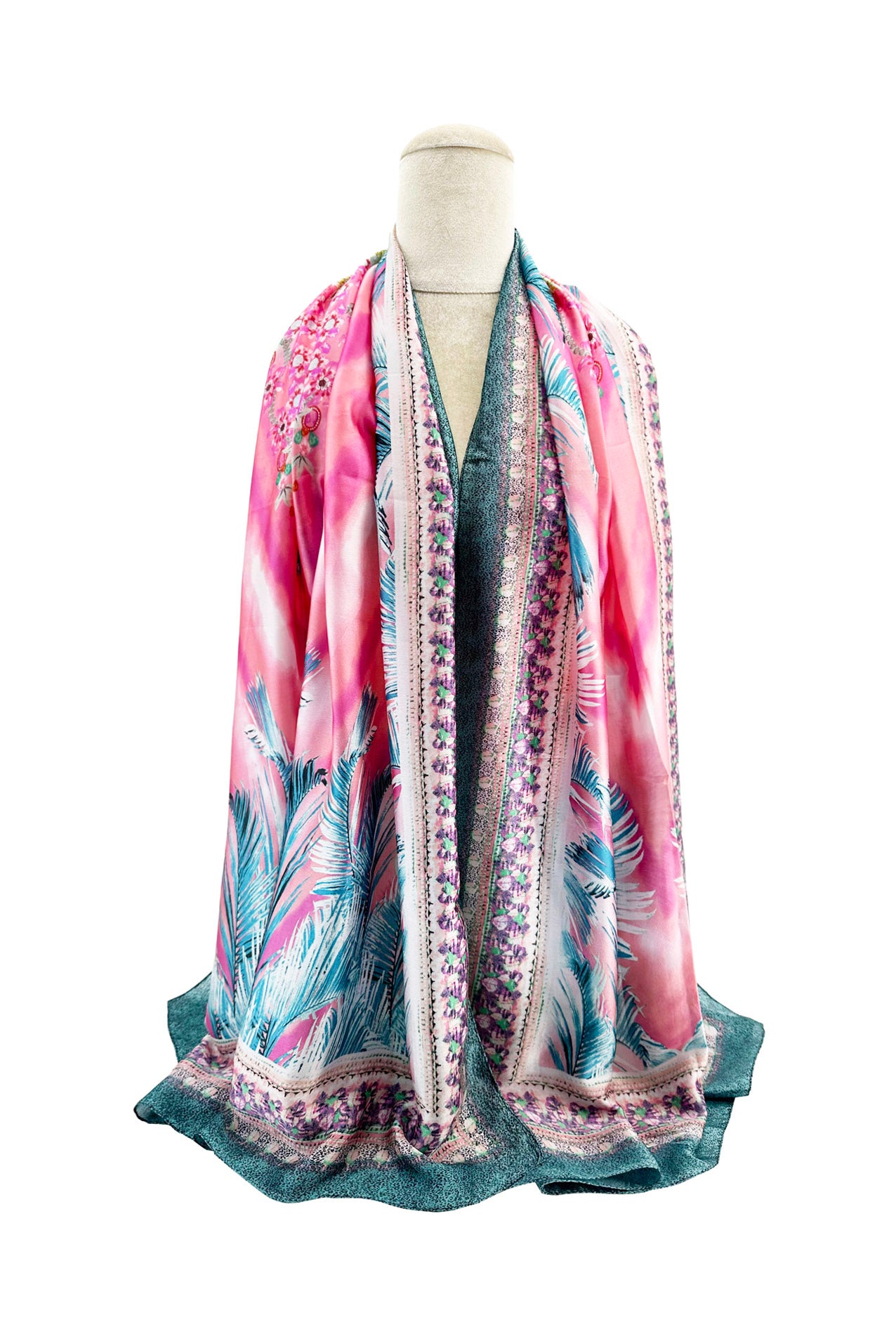 SF24110-019 Soft Colourful Leaves and Flowers Print Silk Blend Scarf