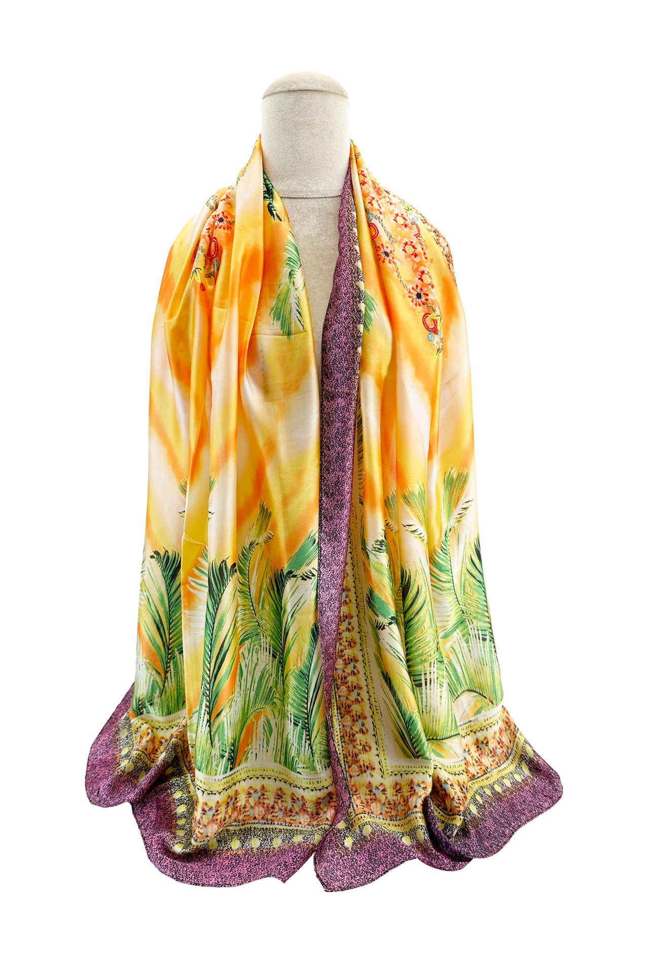 SF24110-019 Soft Colourful Leaves and Flowers Print Silk Blend Scarf