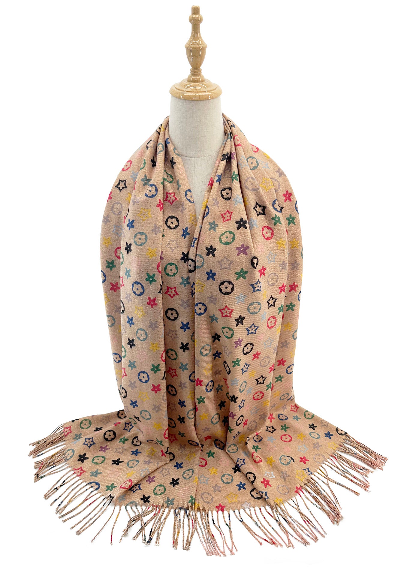 SF2416-126 Colourful Monogram Canvas Print Scarf with Tassels