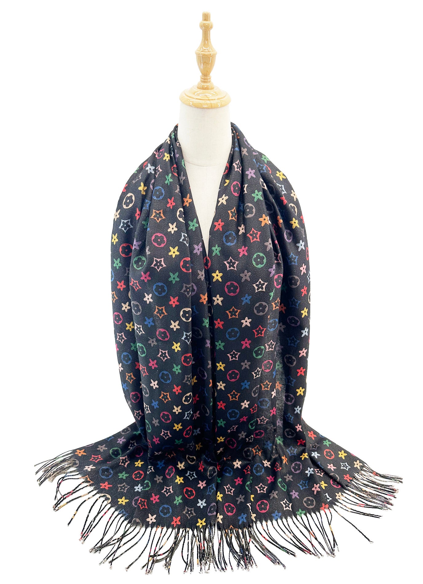 SF2416-126 Colourful Monogram Canvas Print Scarf with Tassels