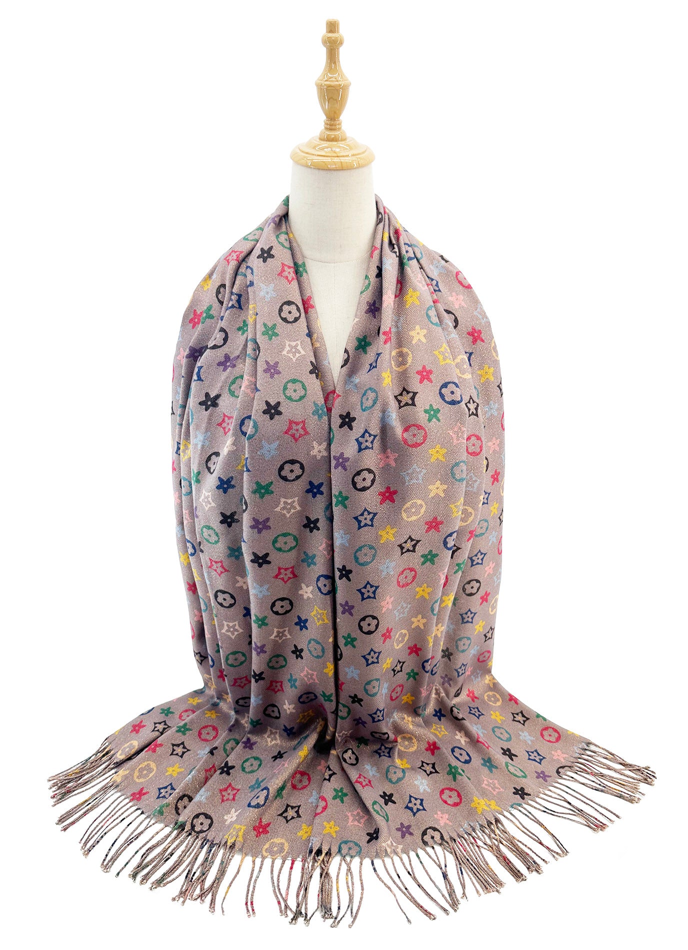 SF2416-126 Colourful Monogram Canvas Print Scarf with Tassels