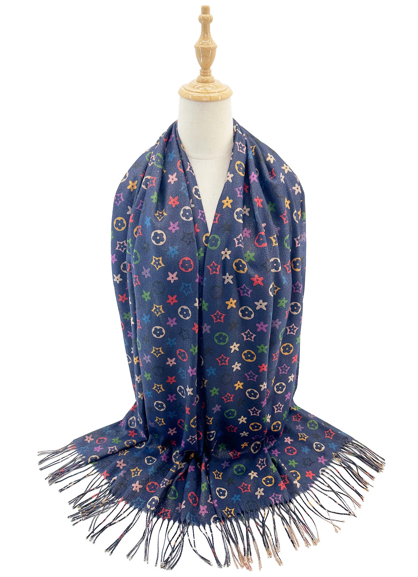 SF2416-126 Colourful Monogram Canvas Print Scarf with Tassels