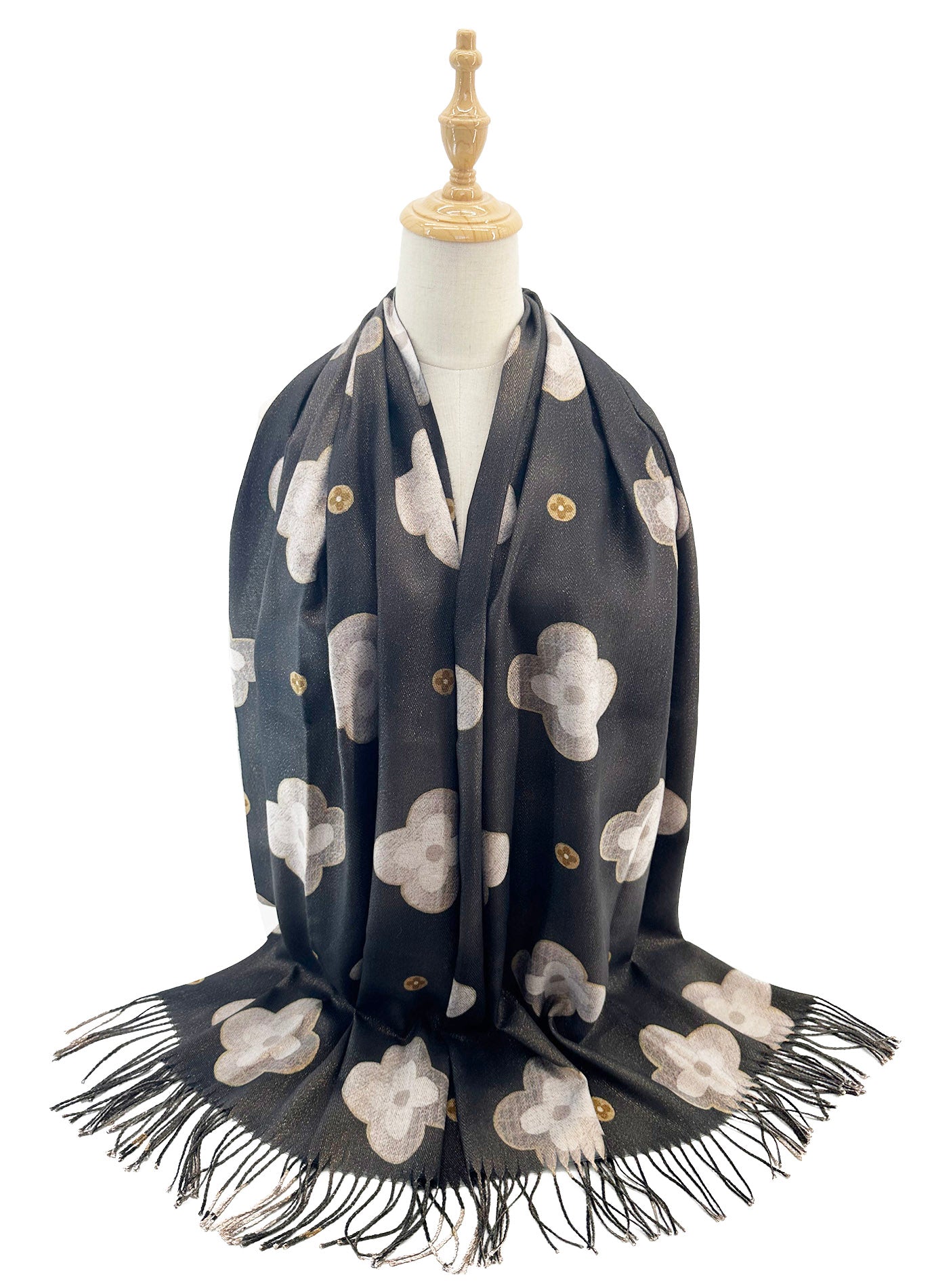 SF2416-127 Elegant Classic Floral Print Scarf with Tassels