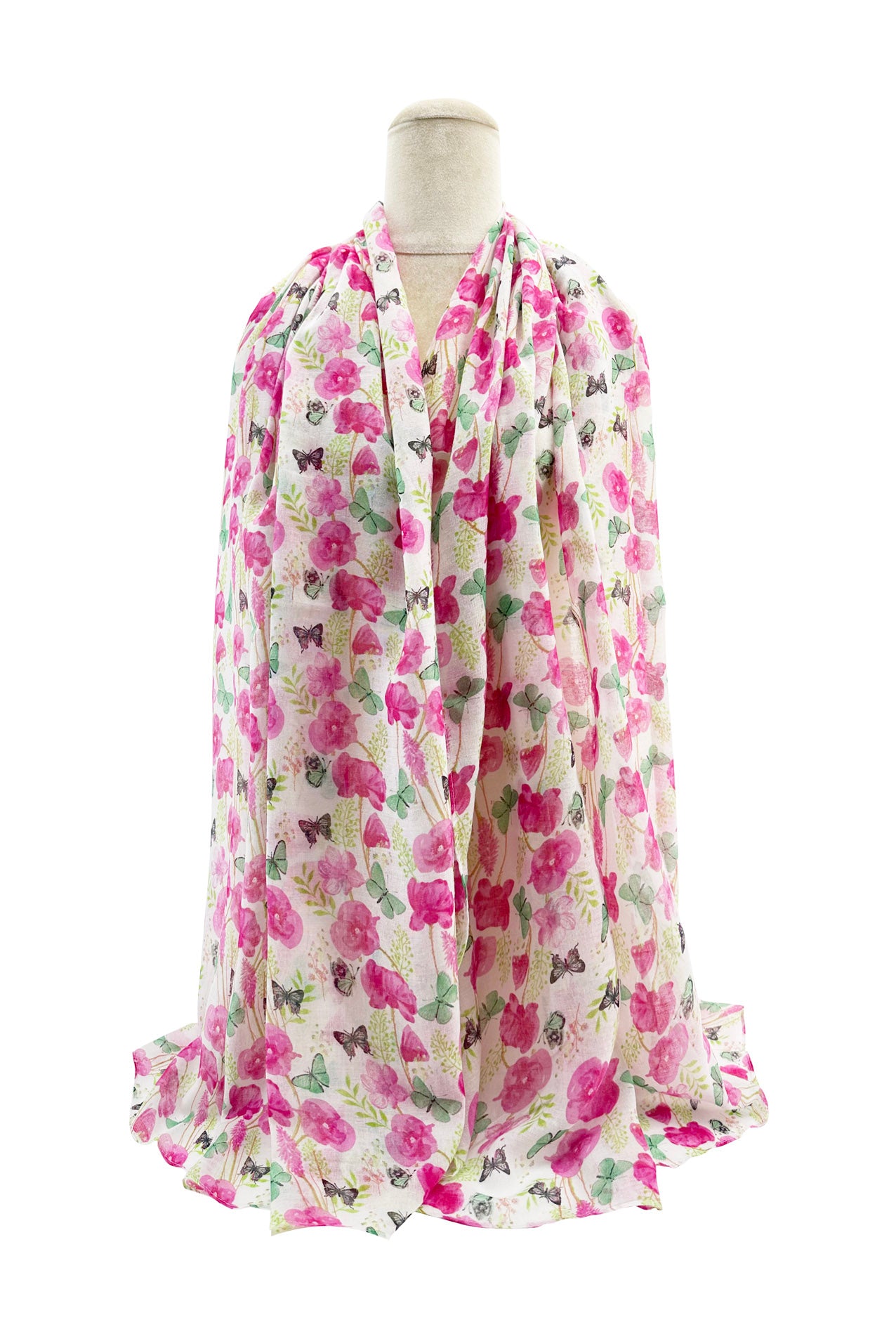 SF2468-023 Mixed Cotton Scarf with Cute Butterflies and Poppy Flower Print