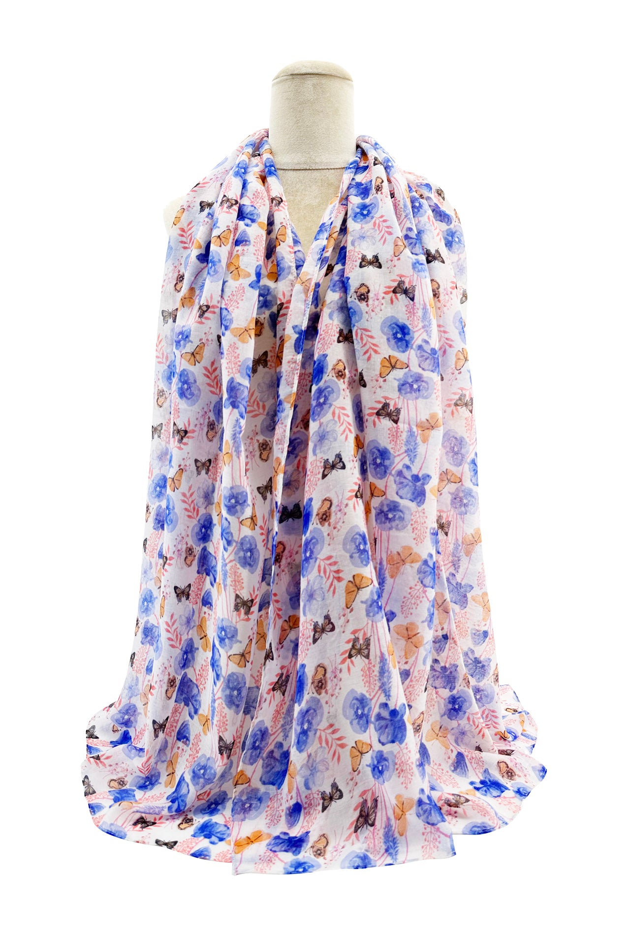 SF2468-023 Mixed Cotton Scarf with Cute Butterflies and Poppy Flower Print