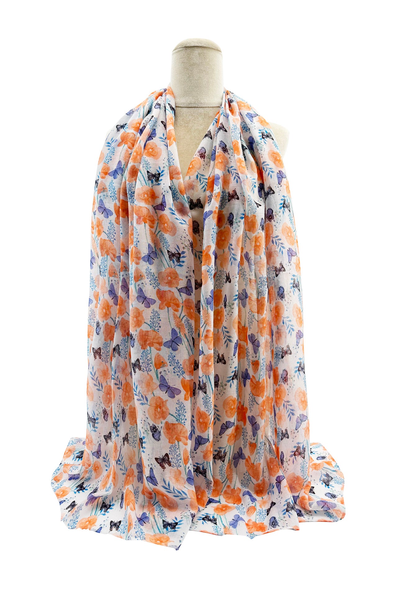 SF2468-023 Mixed Cotton Scarf with Cute Butterflies and Poppy Flower Print